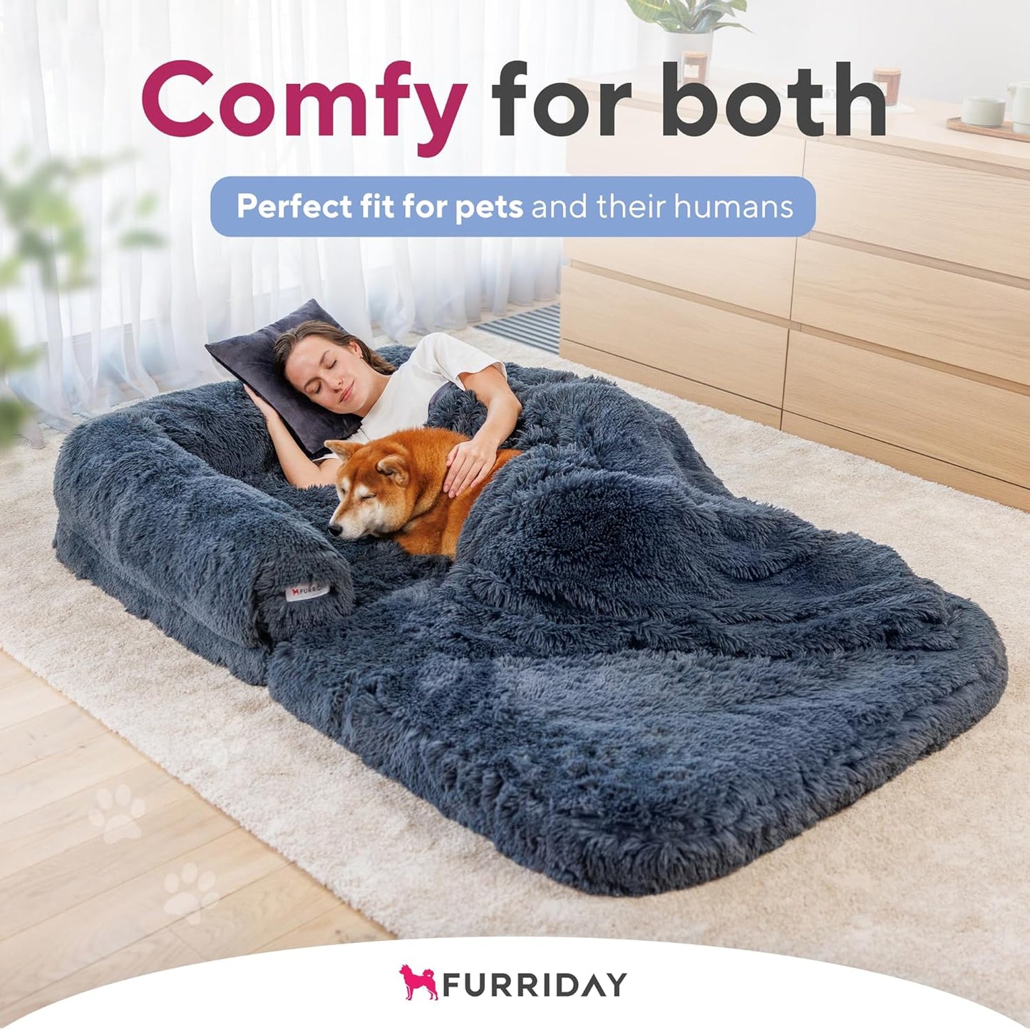 Foldable Human Dog Bed, Orthopedic Memory Foam Human Sized Dog Bed, Waterproof, Faux Fur Pet Couch for Adult, Dark Grey