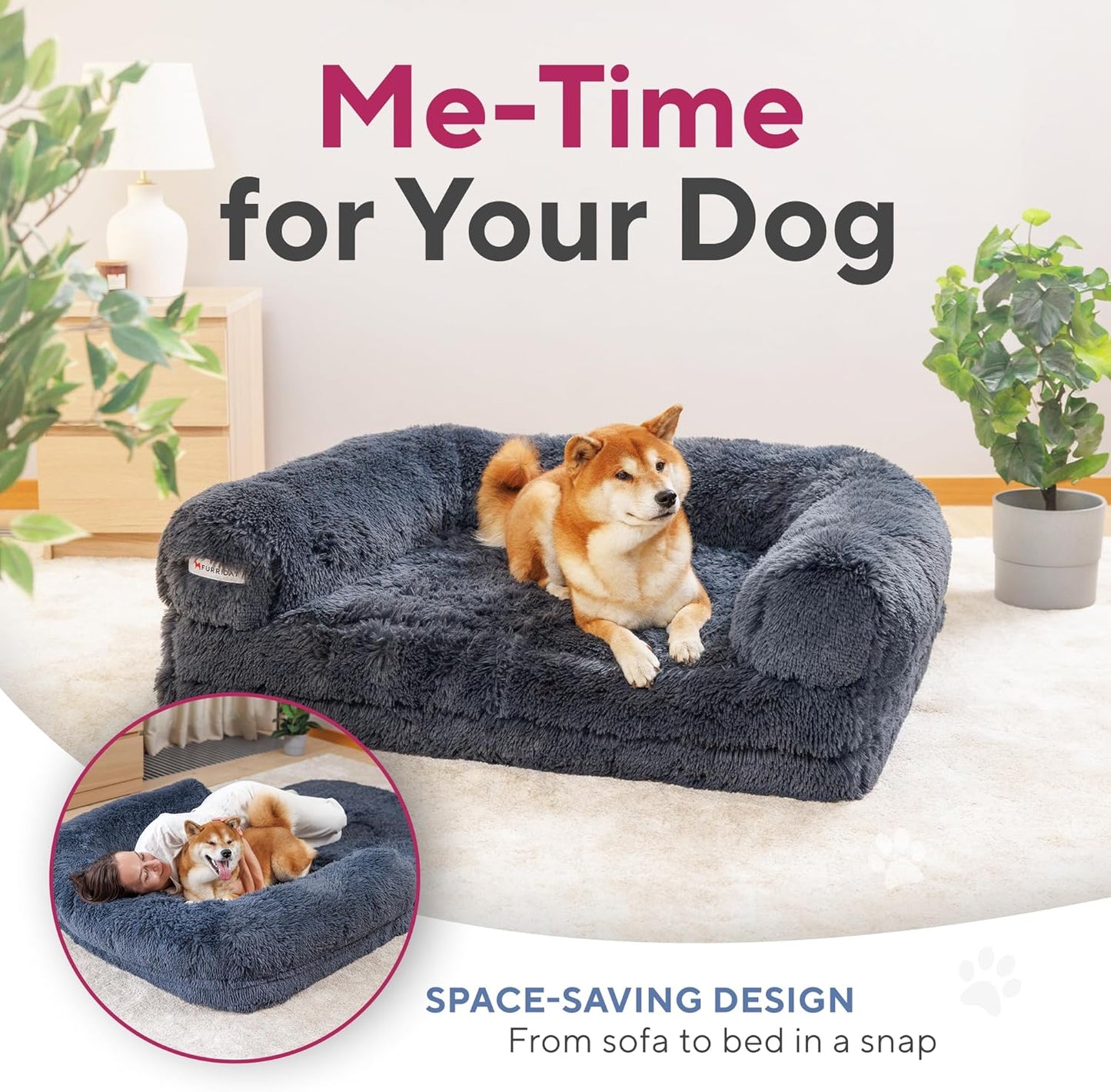 Foldable Human Dog Bed, Orthopedic Memory Foam Human Sized Dog Bed, Waterproof, Faux Fur Pet Couch for Adult, Dark Grey