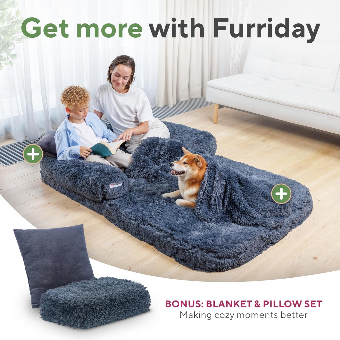 Foldable Human Dog Bed, Orthopedic Memory Foam Human Sized Dog Bed, Waterproof, Faux Fur Pet Couch for Adult, Dark Grey